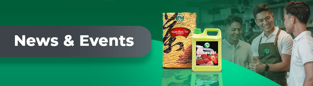 ProPossmei Assam Black Tea and Strawberry Syrup products beside a smiling group of baristas under the News & Updates section