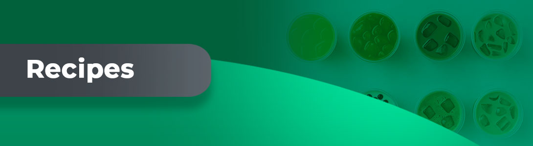 ProPossmei recipes banner with text label and top view of colorful milk tea and fruit tea drinks on a green gradient background.