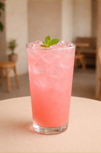 Pink peach lemonade recipe served in a tall glass with ice and mint garnish on a café table