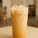 A tall glass of iced classic milk tea recipe served on a café table