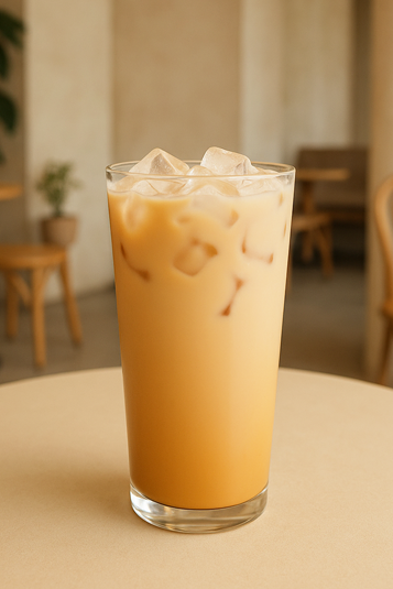 A tall glass of iced classic milk tea recipe served on a café table