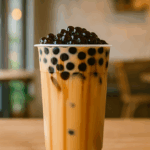 A tall cup of milk tea topped with black pearls, showcasing the classic wintermelon recipe.