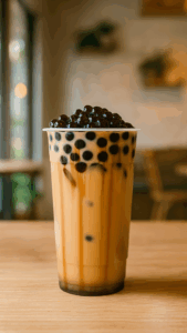 A tall cup of milk tea topped with black pearls, showcasing the classic wintermelon recipe.