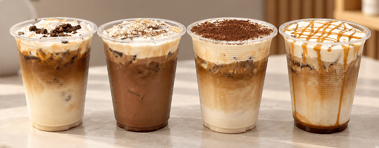 Four iced coffee drinks in clear cups, each with different toppings and flavors, displayed in an aesthetic café setting.